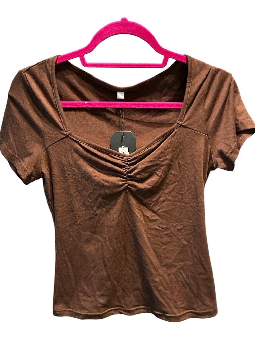 Evervibe Ruched Scoop Neck Short Sleeve Top - Brown